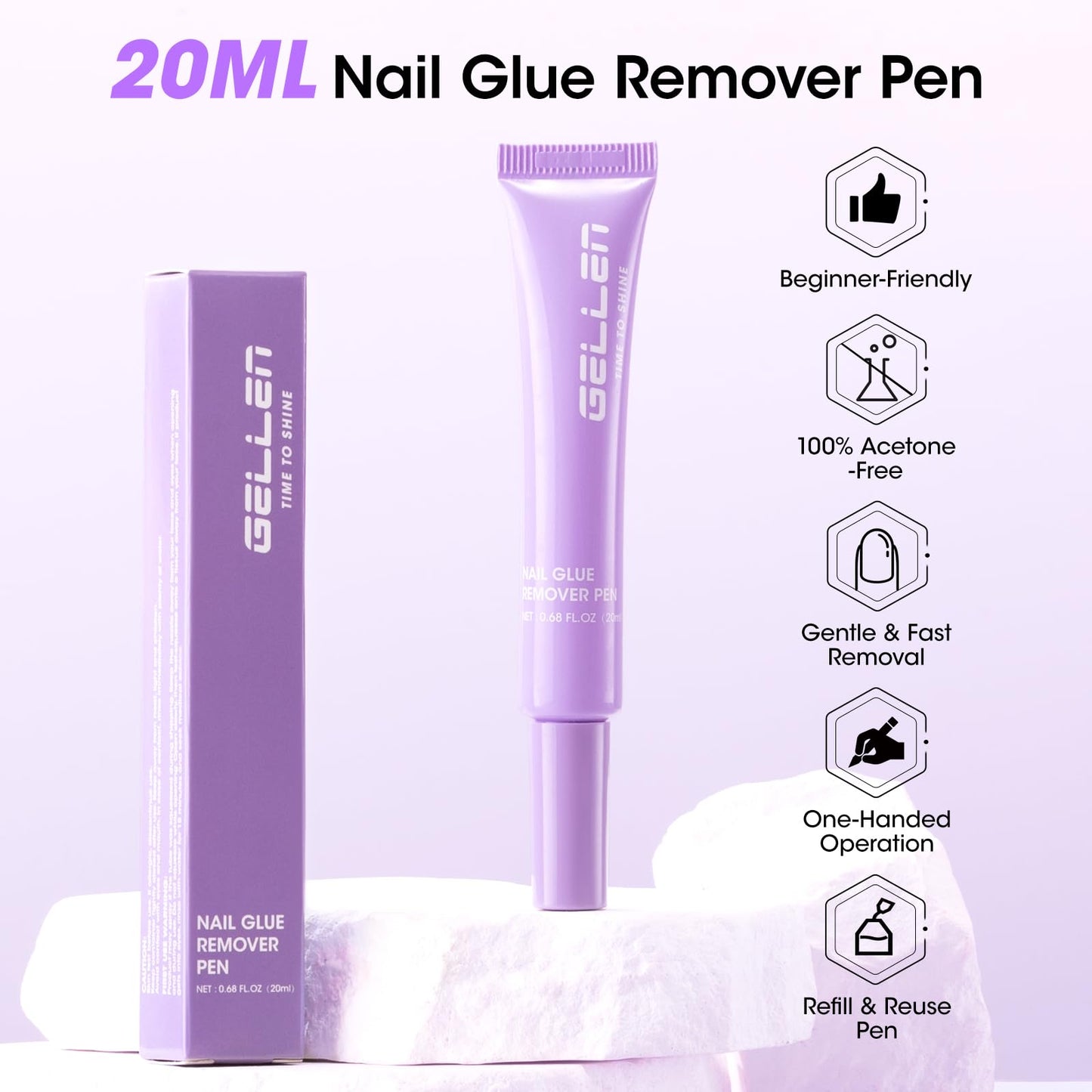 Gellen Nail Glue Remover, 20ml Nail Glue Remover for Press ons, Multi-Functional Glue Remover Pen for Fake Nail Tips, Non-Acetone & Safe & Fast Removal for Quick Dry Nail Polish Nail Glue