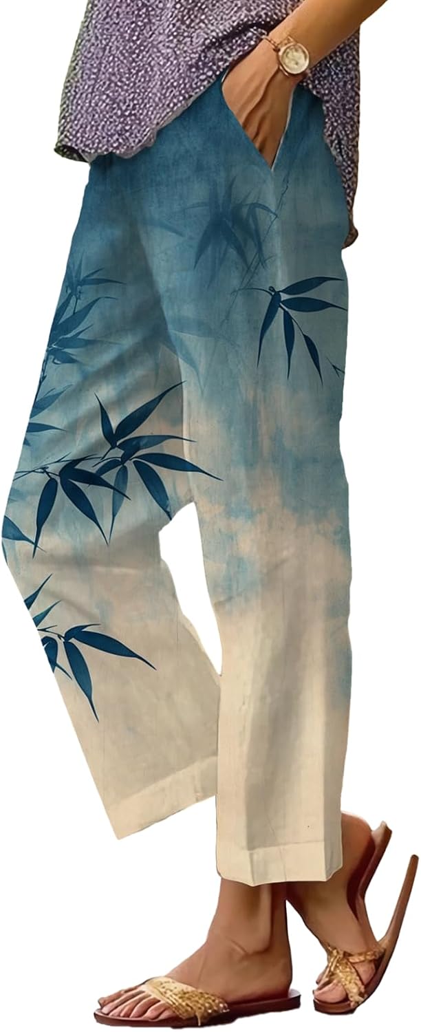 Women's Boho Floral Wide Leg Capris - Elastic Waist, Loose Fit Beach Pants | Casual Summer Trousers