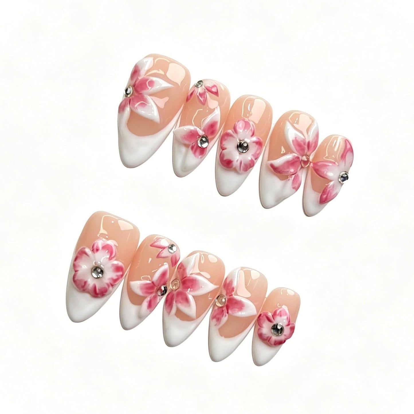 Brown French Tip Press On Nails - 3D Metallic Rhinestones | Medium Almond Reusable Acrylic False Nails (10 PCS)
