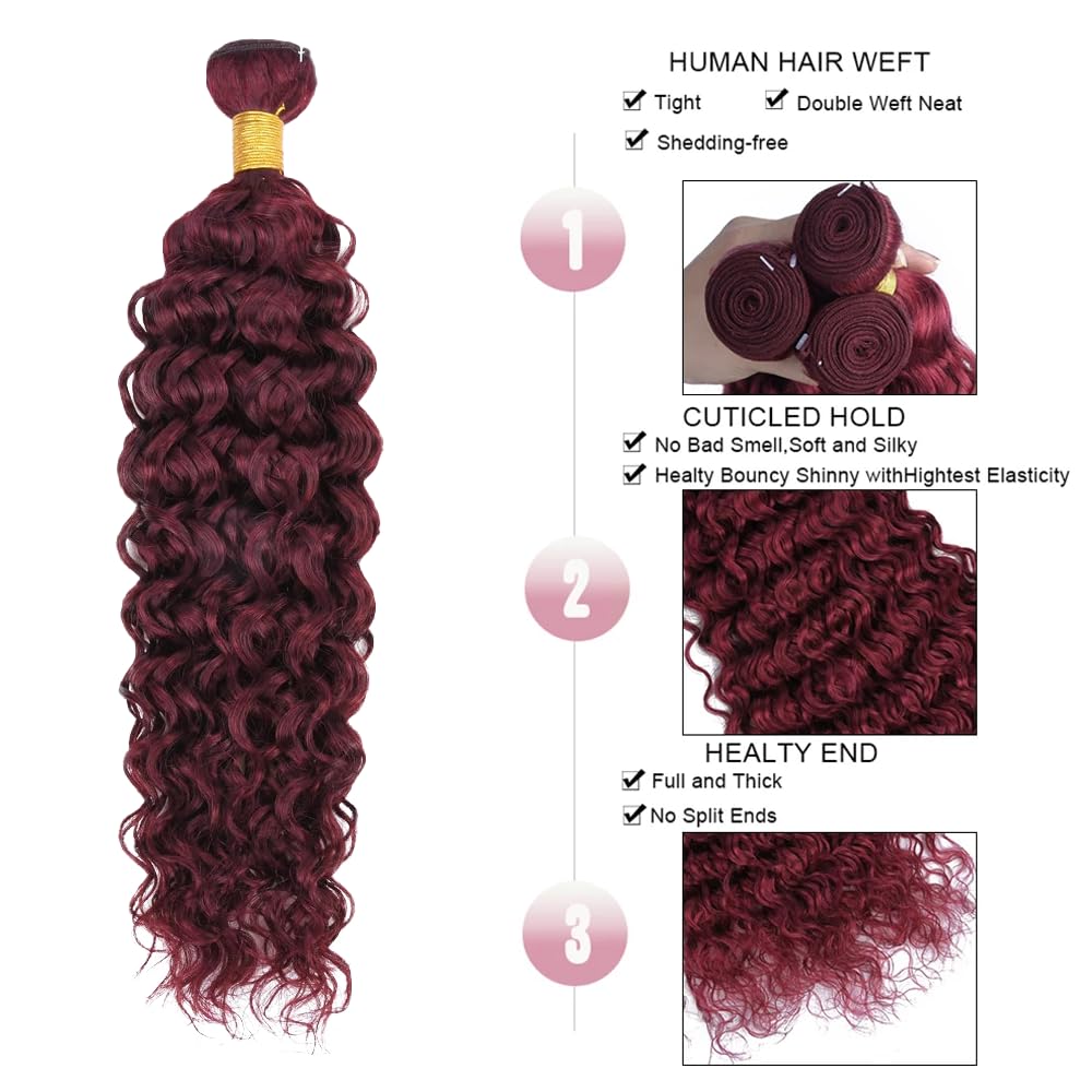 #99J Burgundy Human Hair Bundles Water Wave Bundles 28 28 28 Inch Wine Red Unprocessed Brazilian Virgin Hair 3 Bundle 50 Gram Per Bundle Deals Quick Weave Hair Extensions