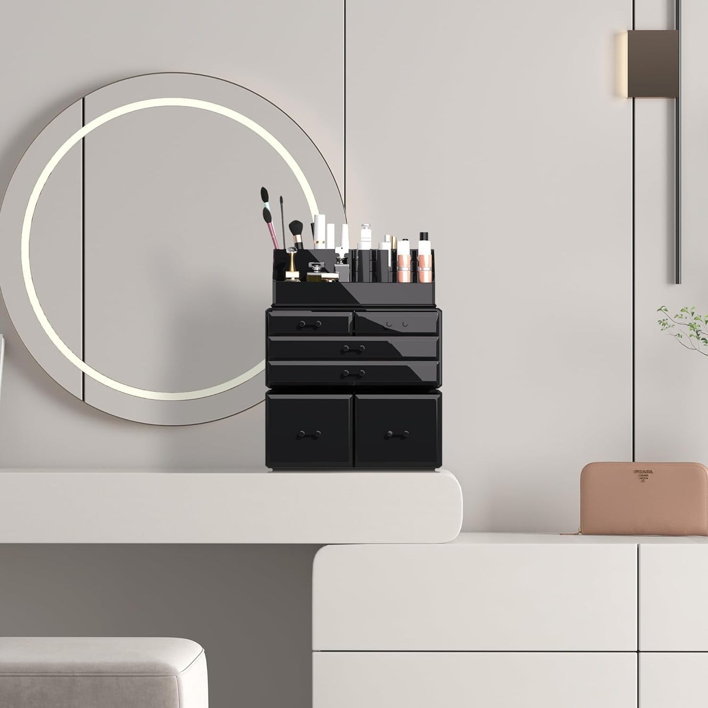 Makeup Organizer - 3-Piece Cosmetic Storage Case with 6 Drawers | Stylish Black Design
