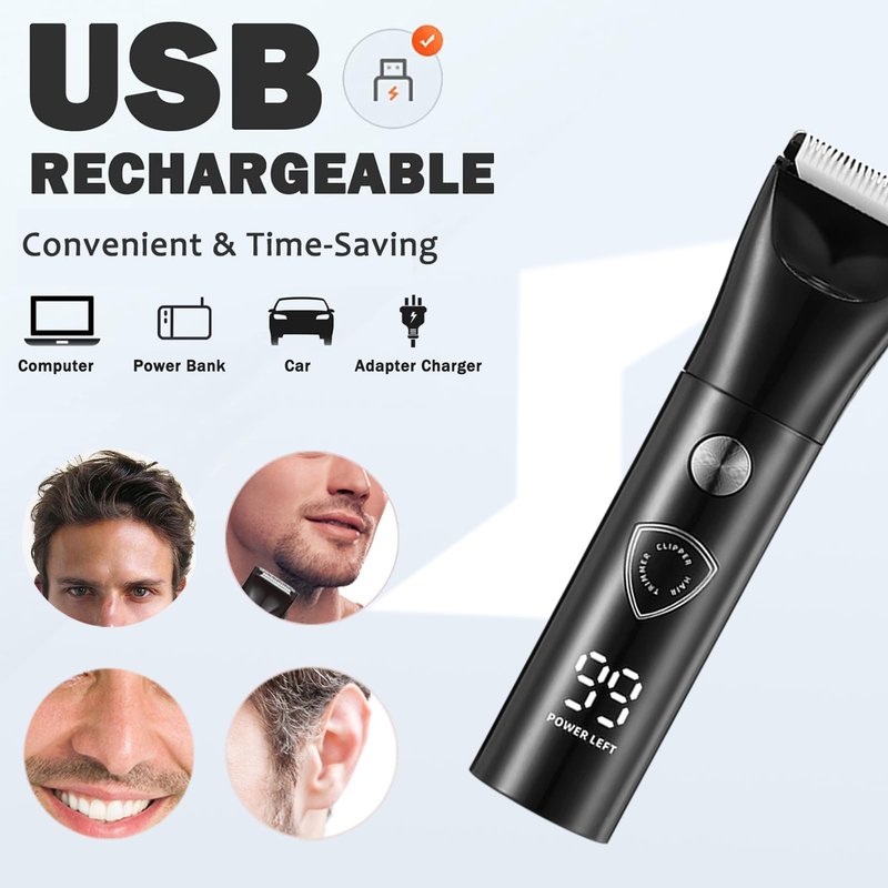 LAIKME Body Hair Trimmer for Men - Electric Male Hygiene Grooming Shaver - Hair Razor Nose Trimmer Clippers - 3 in 1 Groin Groomer IPX5 Waterproof LED Display Remover for Chest Back Armpit