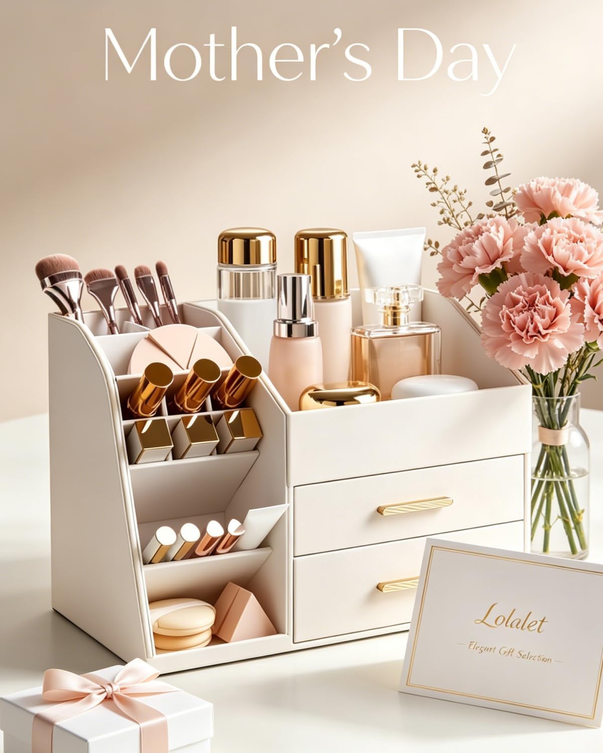 Makeup Organizer - 3-Layer PU Leather Storage Box with Drawers | Easy to Clean Vanity Display Case - Cream