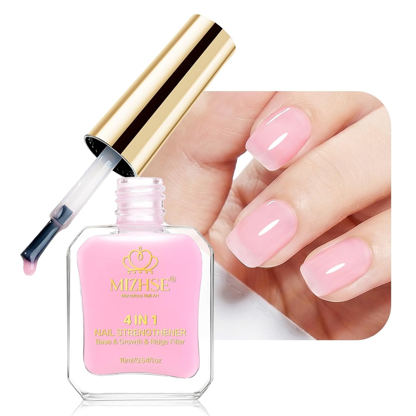 MIZHSE Nail Strengthener & Growth Hardener - Extra Strong Repair for Thin, Damaged Nails | 16ML Pink Ridge Filler