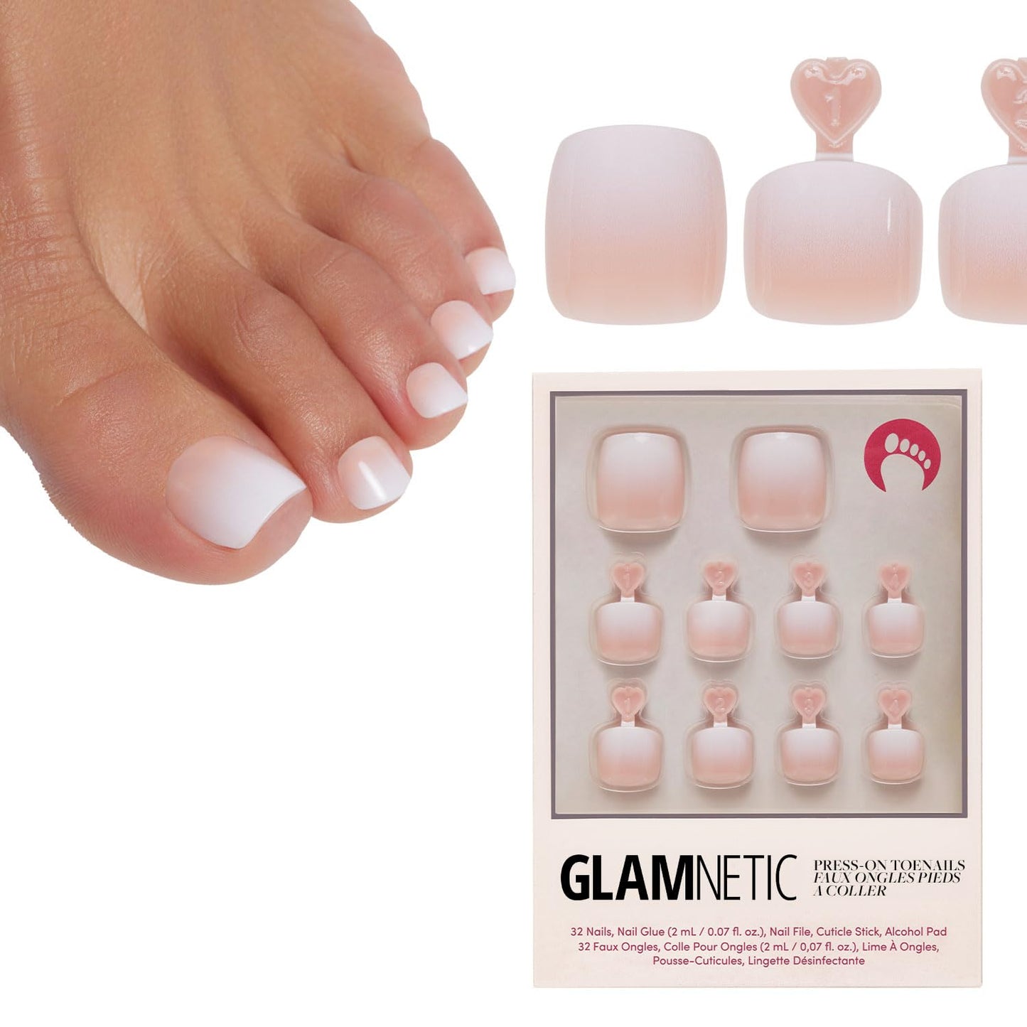 Glamnetic Press On Toenails - Classic White French Tip Fake Toe Nails | 16 Sizes, Glossy Finish, 32 Nail Kit with Glue