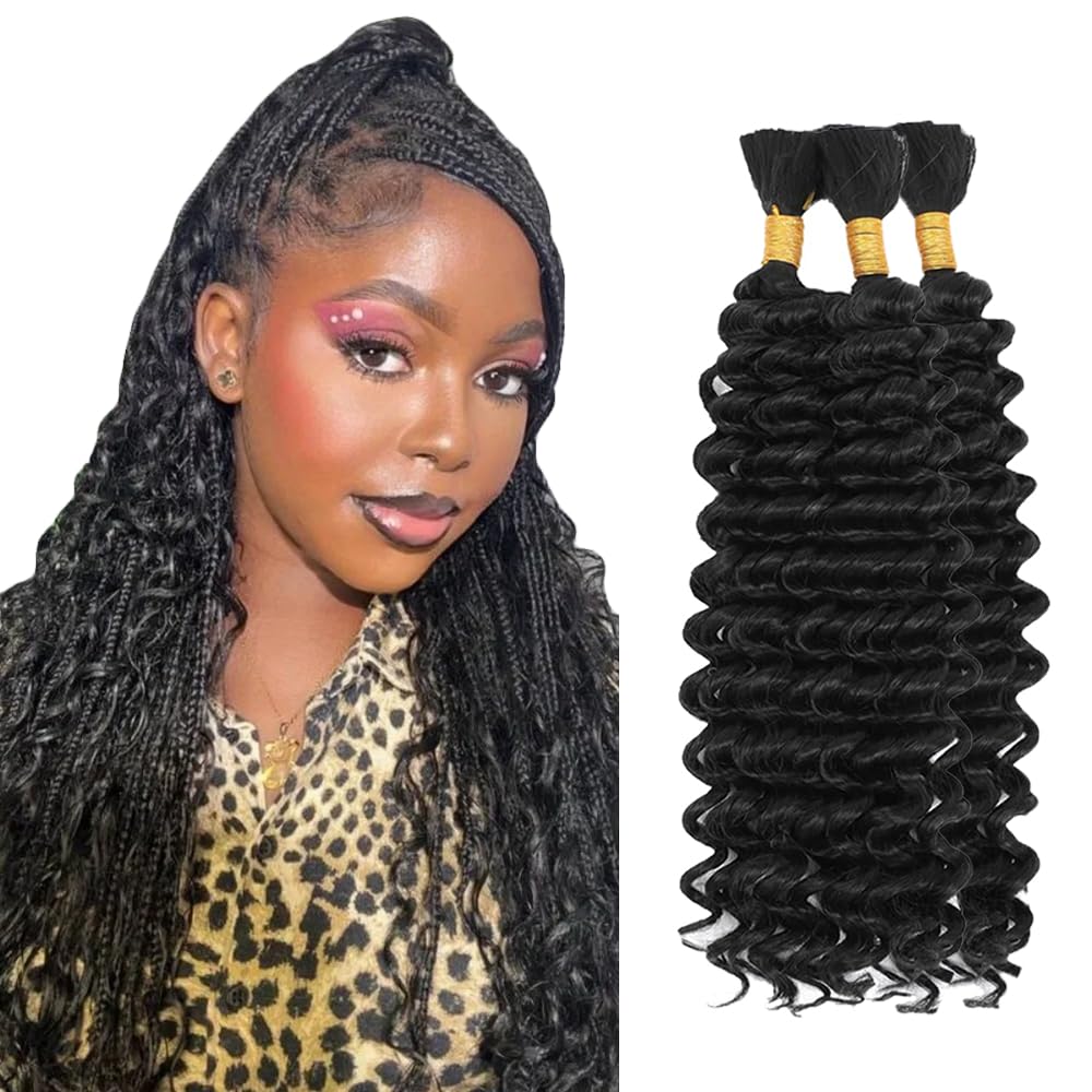 #1B Natural Color Human Hair Braiding Hair For Boho Braids 30 30 30 Inch Black Deep Wave Bulk Human Hair Unprocessed Brazilian Virgin Hair 3 Bundle 50 Gram Per Bundle No Weft Extensions