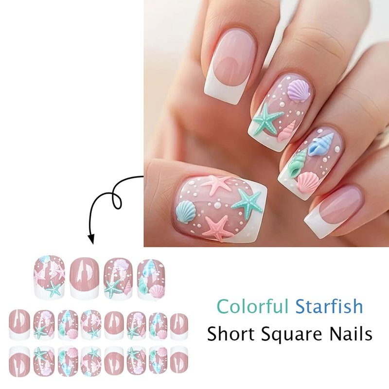 French Tip Press-On Nails - Short Square Glossy Acrylic with 3D Seashell & Starfish Designs | 24 Pcs Reusable Summer Nails