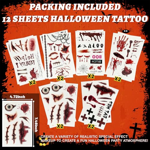 Zombie Makeup Halloween Face Tattoos Kit - 12 Sheets Fake Scars & Wounds for Kids & Adults - Realistic Blood Injury & Scratch Stickers - Halloween Costume Accessory