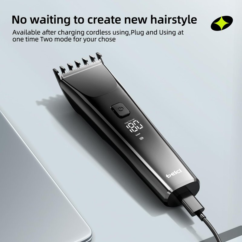 beici Hair Clippers for Men and Kids Adjustable Length Trimmer Haircut Professional Haircuts Tool Grooming 6 Kit LED Screen Display Fast Charge for Family Black