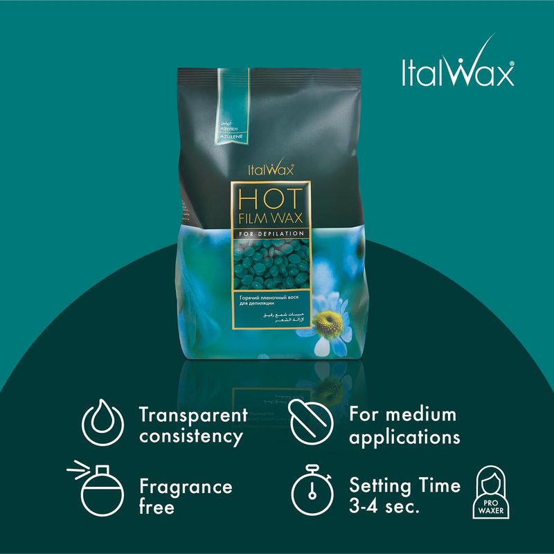 Italwax Classic Line Azulene Hard Wax Beads 1.1 lb (500 g) – Fast Setting Stripless Wax for Coarse Hair & Professional Use – Made in Italy