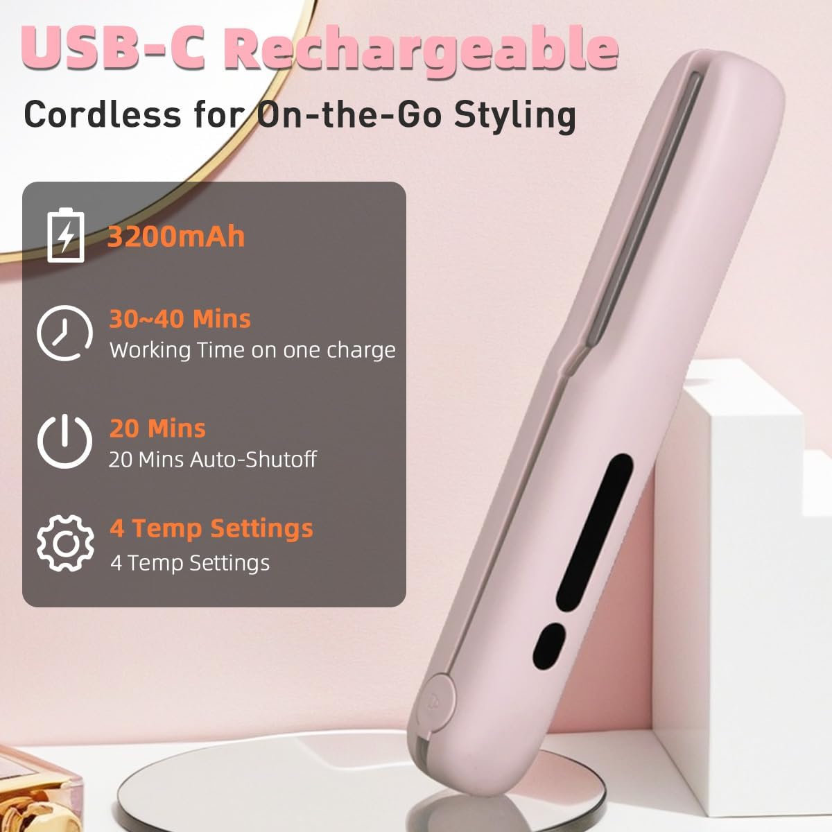 Cordless Hair Straightener - Portable 2-in-1 Mini Flat Iron & Curler | Fast Heating, Adjustable Temp, Pink