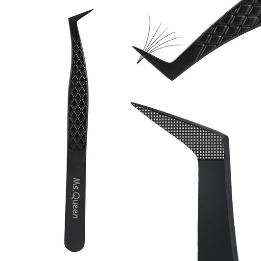 Ms.Queen Fiber Tip Lash Tweezers, Precise Diamond Grip L-Shape Boot Volume Eyelash Extension Tweezers,Black