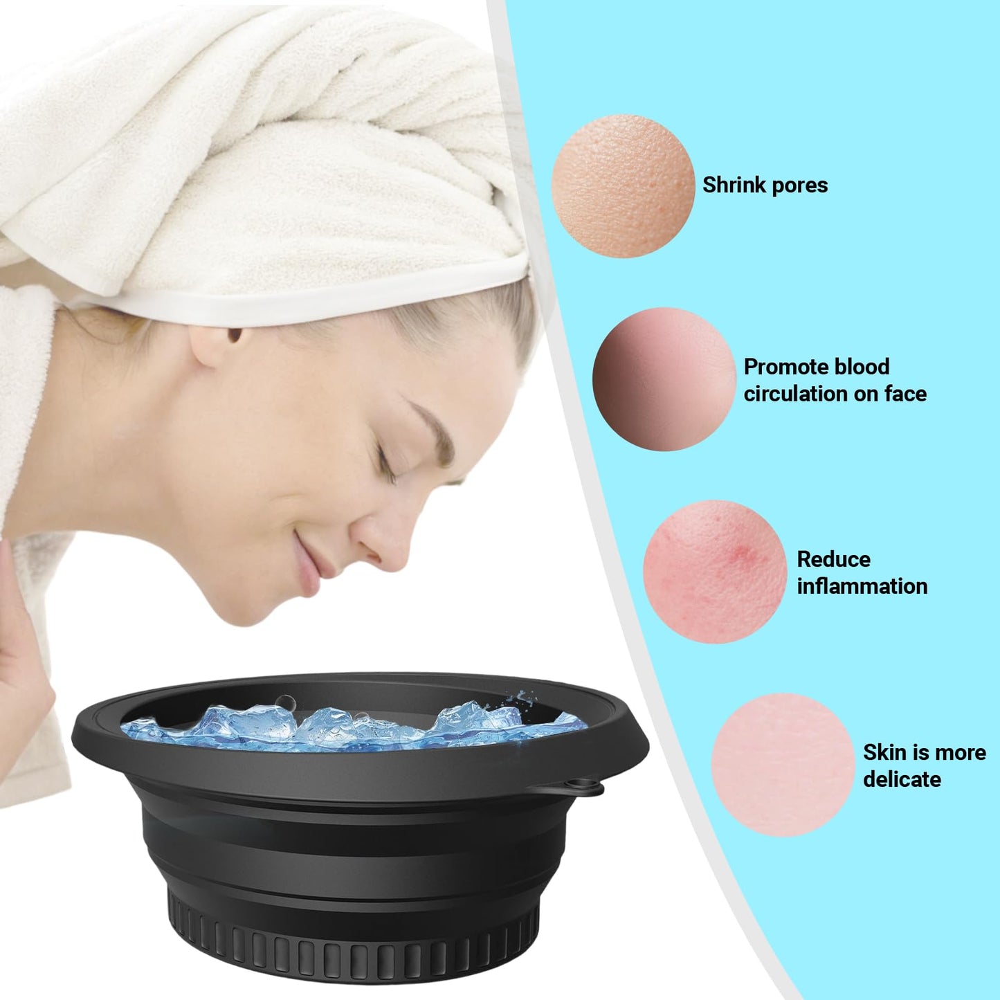 Face Bowl for Ice with Built-in Icetray,Portable Foldable Silicone Face Ice Bath Bowl,Ice Bath Facial Plunge Bowl for Skin Tightening & Acne Relief,Black