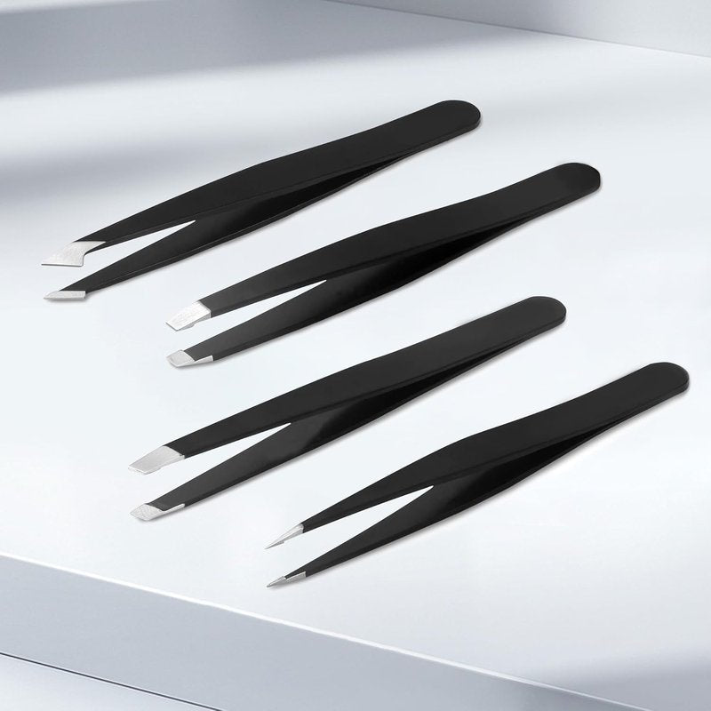 Stainless Steel Tweezers Set - 4-Piece Professional Grooming Tools for Eyebrows, Facial Hair & Splinters | High Precision (Black)