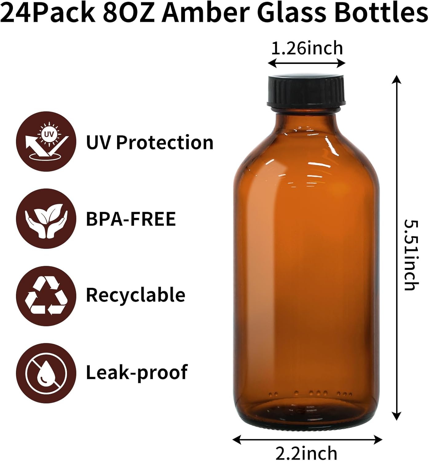 Amber Glass Boston Round Bottles - 24 Pack 8oz Airtight Containers for Kombucha, Oils & Condiments
