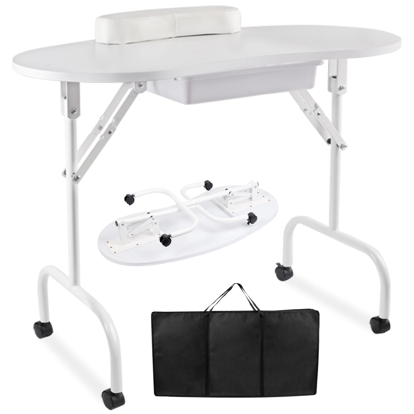 Mohzate Portable Manicure Nail Table Professional Rolling Nail Station with Drawer and Wrist Rest Foldable Nail Tech Desk with Wheels and Carry Bag for for Salon, Studio and Home Use