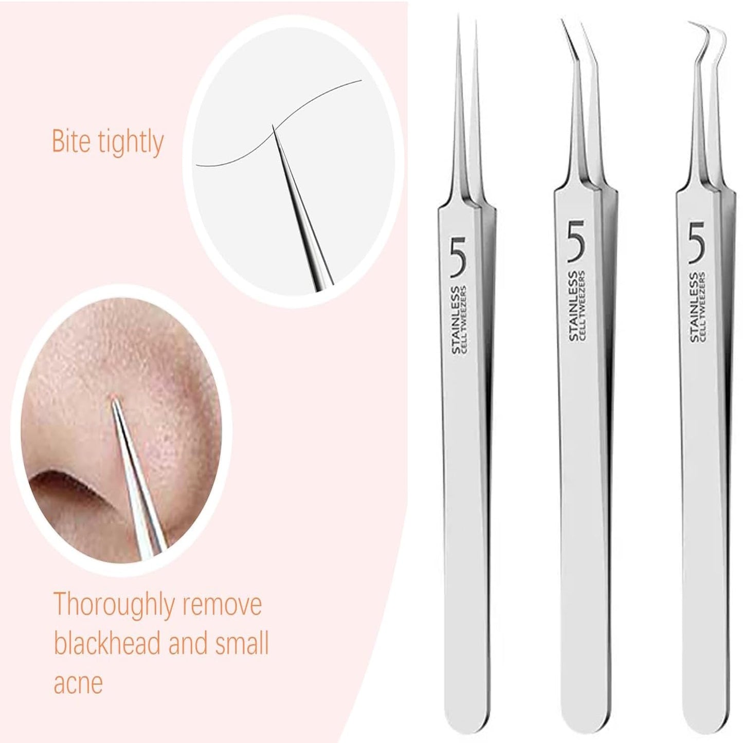 Blackhead & Acne Removal Tool Set 3PCS Professional Stainless Steel Blackhead Tweezers, Extractor for Removing Pimples and Acne on Face
