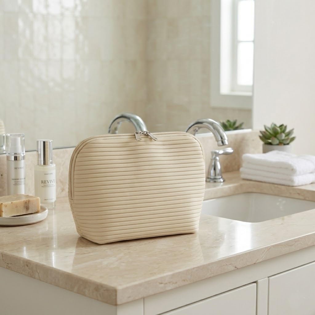 Travel Makeup Bag - Waterproof Cosmetic Organizer with Brush Holders | Fold-Down Design for Skincare & Toiletries (Beige, Medium)