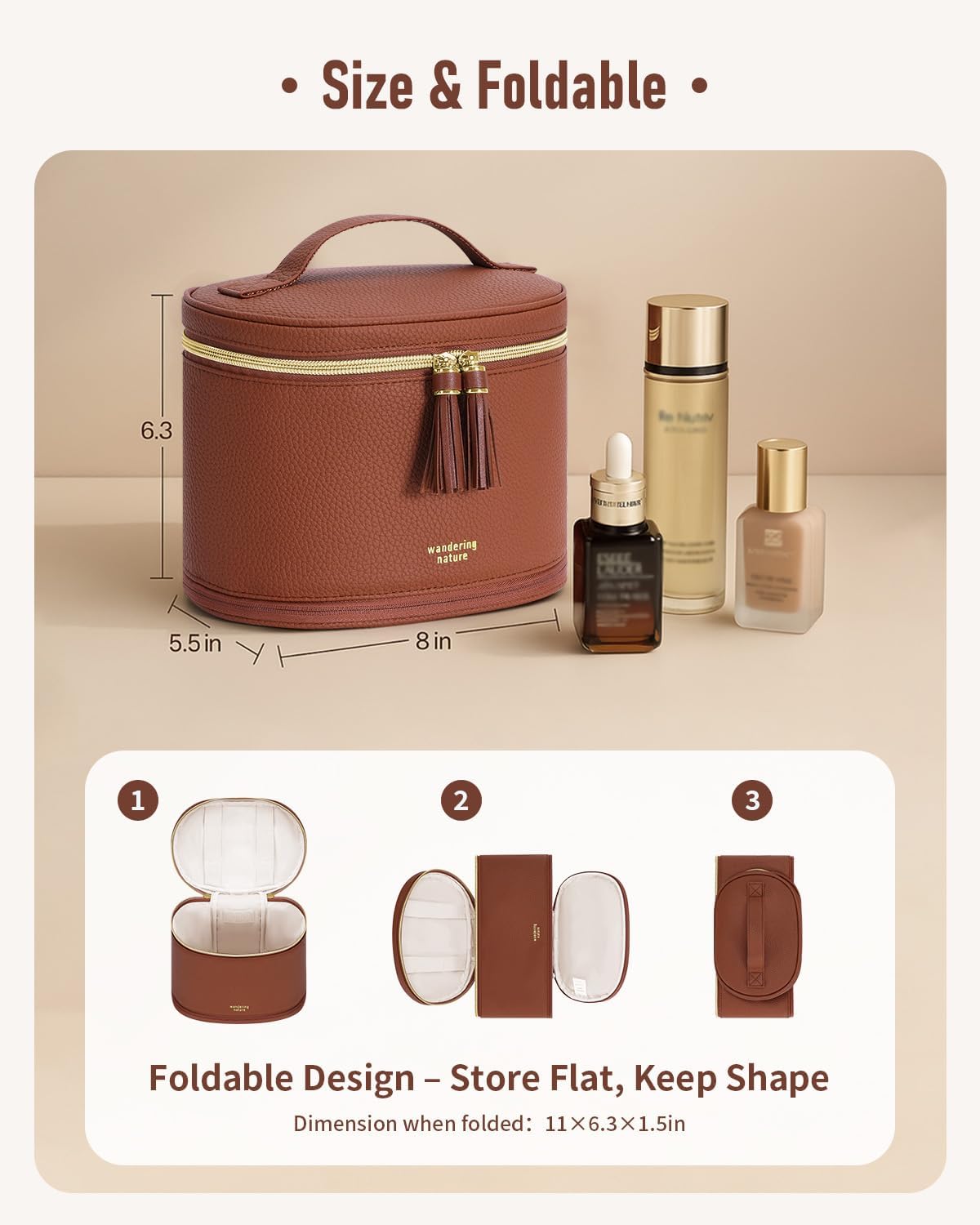 Travel Makeup Bag for Women - Structured Vanity Case with Wipe-Clean EVA Interior & Removable Divider | Fold-Flat PU Leather with Handle