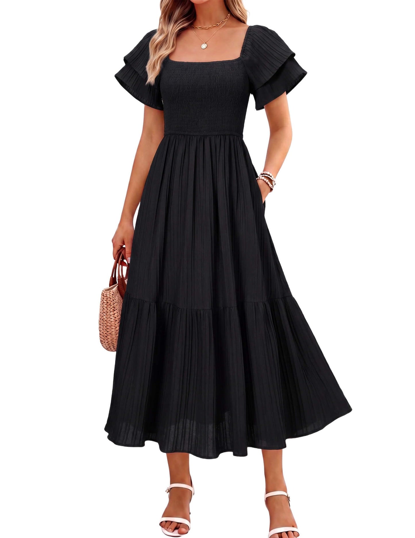 OLICE Women's Summer Midi Dress Short Sleeve Square Neck Off Shoulder Ruffle Elastic High Waist Vacation Dress with Pockets