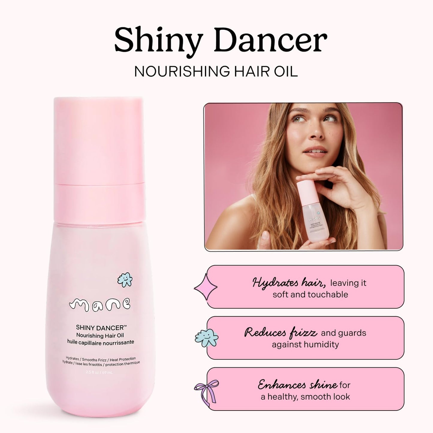 Mane Shiny Dancer Nourishing Hair Oil - Lightweight Hair Oil for Fine Hair, Anti Frizz & Shine - Heat Protection for Dry and Damaged Strands - Rose Lychee Vanilla Scent (2.5 Fl Oz)
