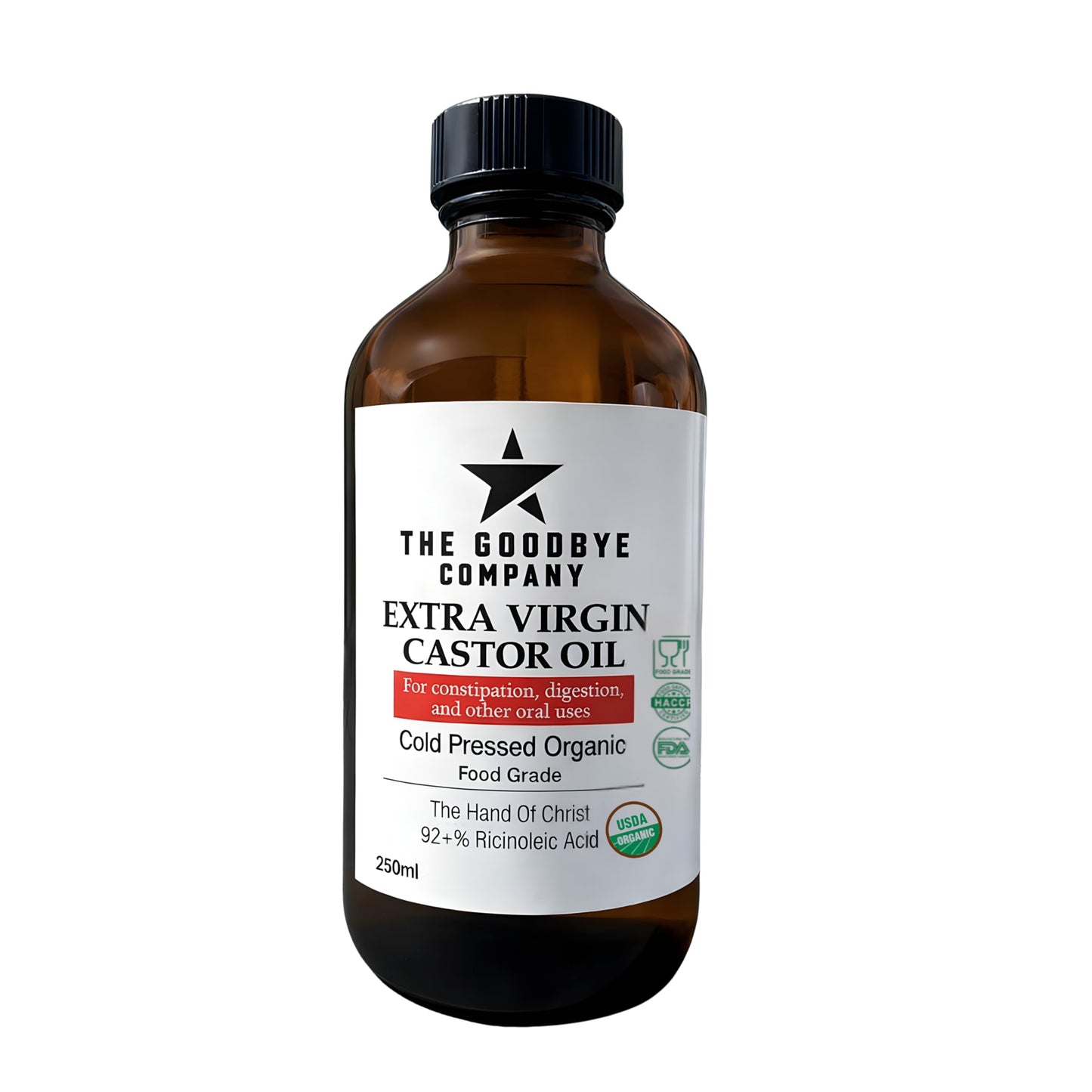 The Goodbye Company Extra Virgin Castor Oil 250ml, USDA Organic, Cold Pressed, Food Grade, Hexane-Free, Supports Digestive Wellness, Hair Growth, Eyelashes, Brows And Skin