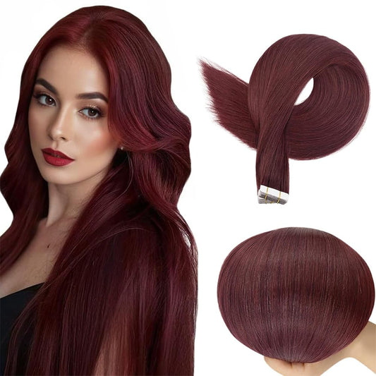 HuxoWax #99J Burgundy Red Straight Tape In Human Hair Extensions Double Weft Weave 10 Packs Total 40g Invisible Human Hair Tape In Extensions #99j Wine Red Color 18 Inch