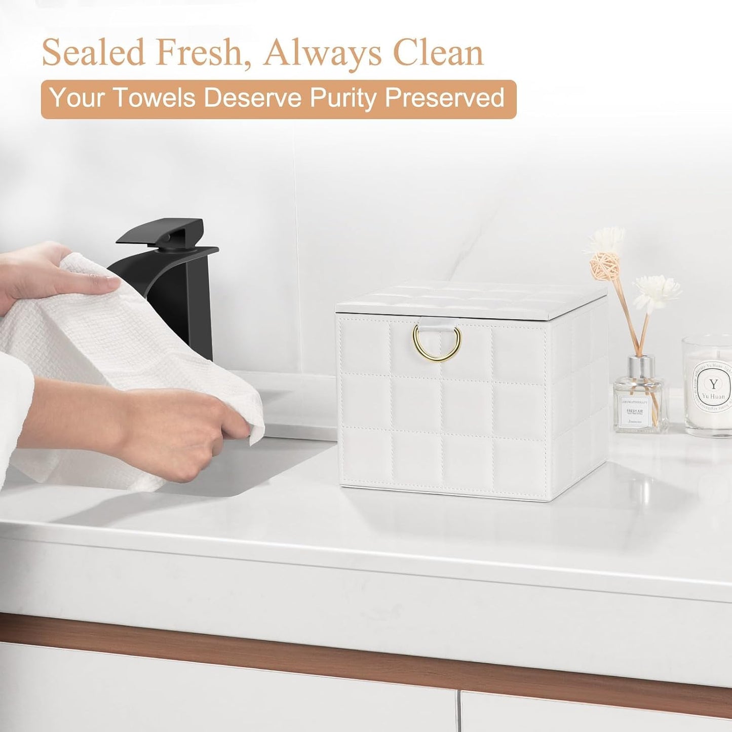 Disposable Face Towel Holder Box - White PU Leather Organizer for XL Clean Skin Towels | Bathroom Storage Solution
