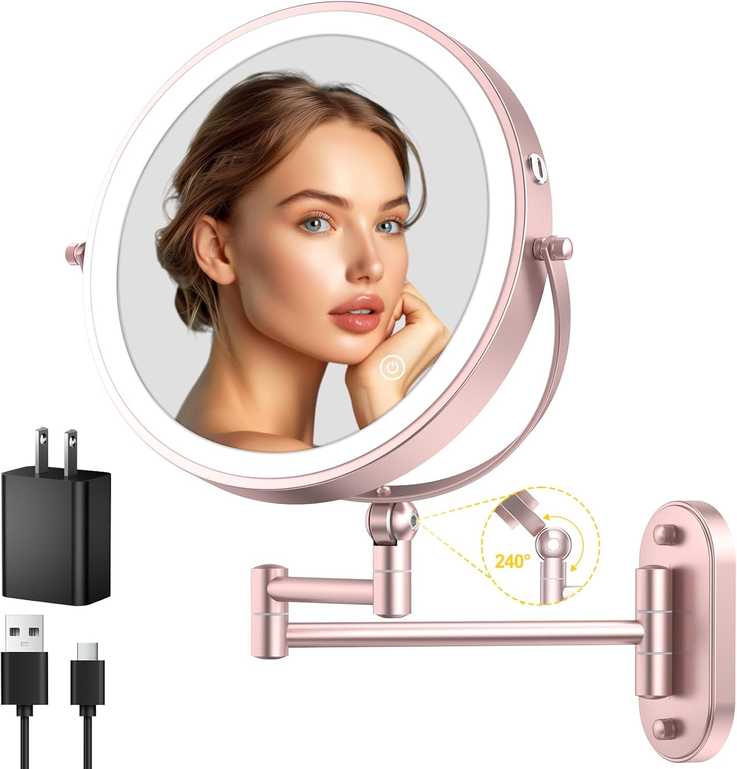 IMIKONA 9-Inch Wall Mounted Lighted Makeup Mirror - 1X/10X Magnification, 3 Color Lights, Touch Dimmable, 360° Rotation