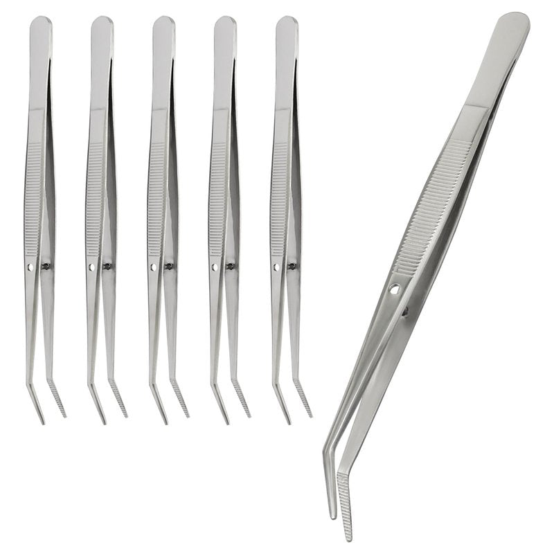 PHITUODA 6 Pcs Stainless Steel Tweezers, 6" Sewing Tweezers with Curved Serrated Tip for Crafting, Multipurpose Curved Tip Forceps for Jewelry Making, Eyelash Extension, Precision Grip (Silver)
