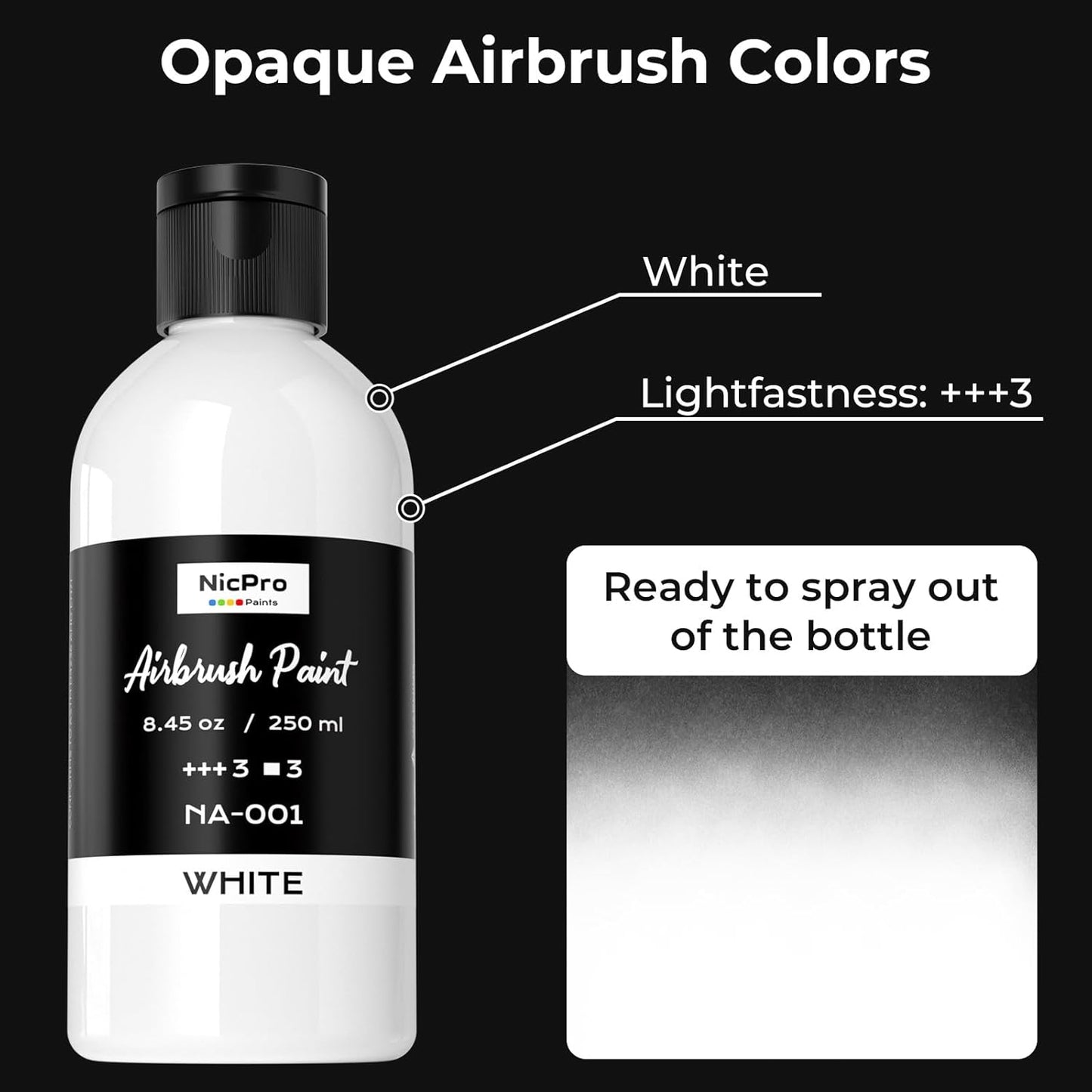 Nicpro White Airbrush Paint - Opaque Water-Based Acrylic for Models, Wood, Canvas | 8.45 oz (250 ml)