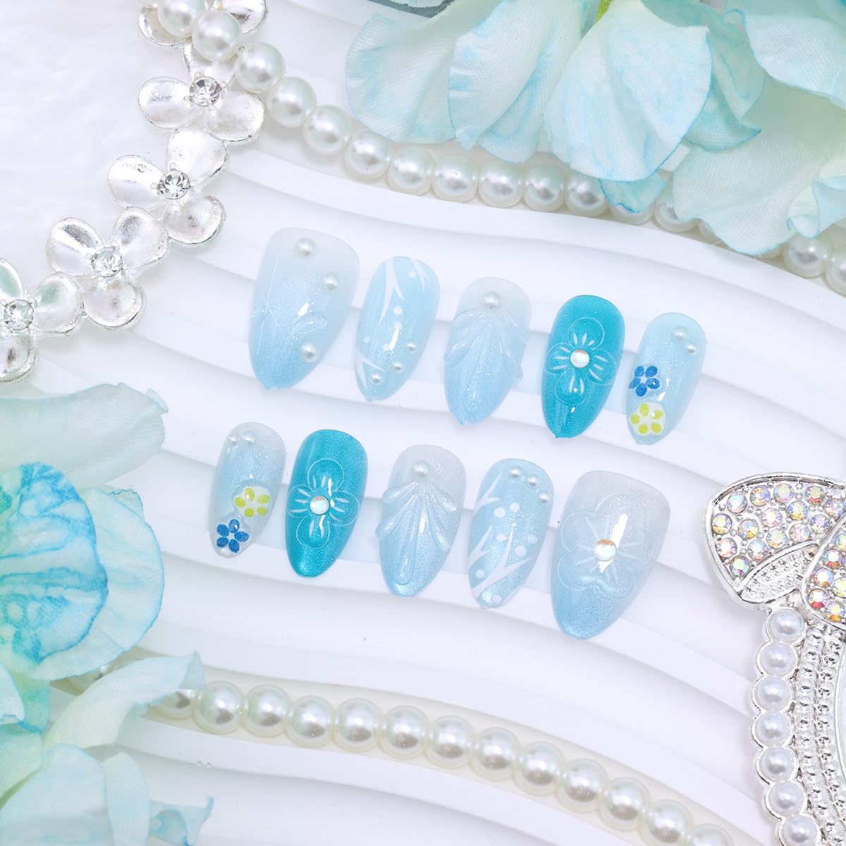 Blue French Tip Press-On Nails - 30 Pcs Short Almond Design with 3D Flowers & Pearls | Reusable Summer Beach Nails