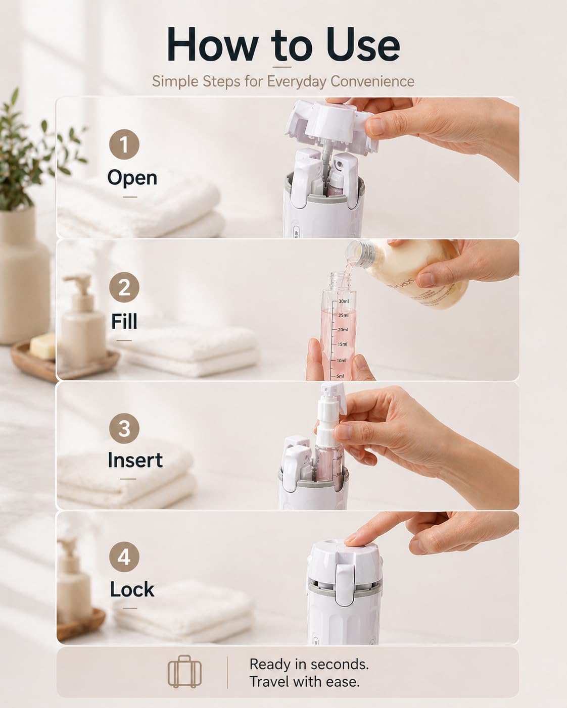 Travel Dispenser Bottle - 4 in 1 TSA Approved Leak Proof Toiletry Containers | Refillable for Shampoo, Conditioner, Lotion & Skincare