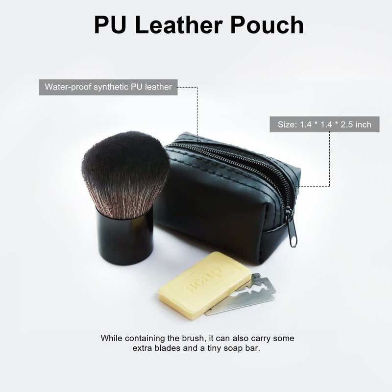 Portable Mini Shaving Brush with PU Pouch - Easy Carry Mini Brush for Frequent Travelers - Durable Synthetic Fibers, Anti-rust Aluminum Handle, Handy Mini Pouch, Fast and Rich Lathering