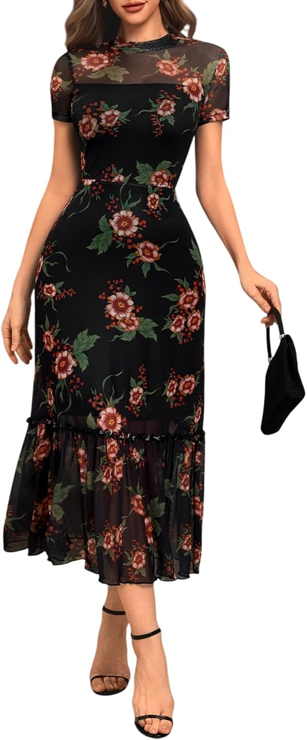 Floral Mesh Ruffle Maxi Dress for Women - Casual Summer Wedding Guest Dress | Short Sleeve, Waist-Cinched