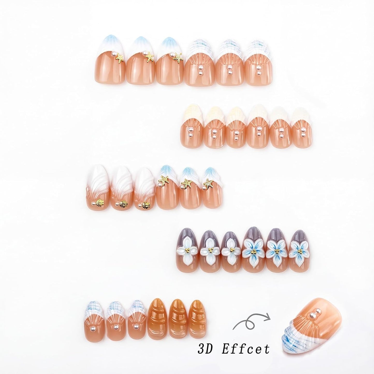 Press On Nails - Short Almond French Tip with Blue 3D Flowers | Glossy Acrylic Beach Designs for Women