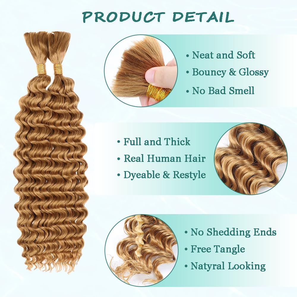Honey Blonde Human Braiding Hair for Boho Braids 27 Blonde Deep Wave Bulk Human Hair 111g 22 Inch 27 Curly Wave Human Hair Extensions 2 Bundles/Pack