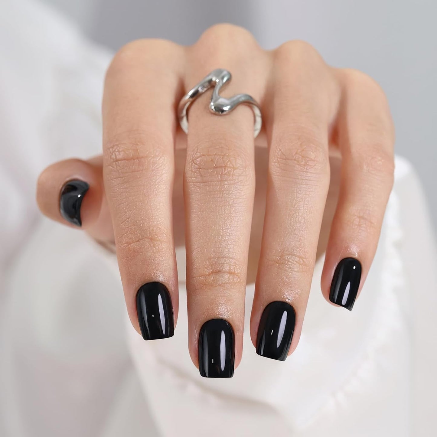 Chrome Press On Nails - Oval Soft Gel Nude Short for Women | 32 Reusable Glossy Glue-On Nails in 16 Sizes