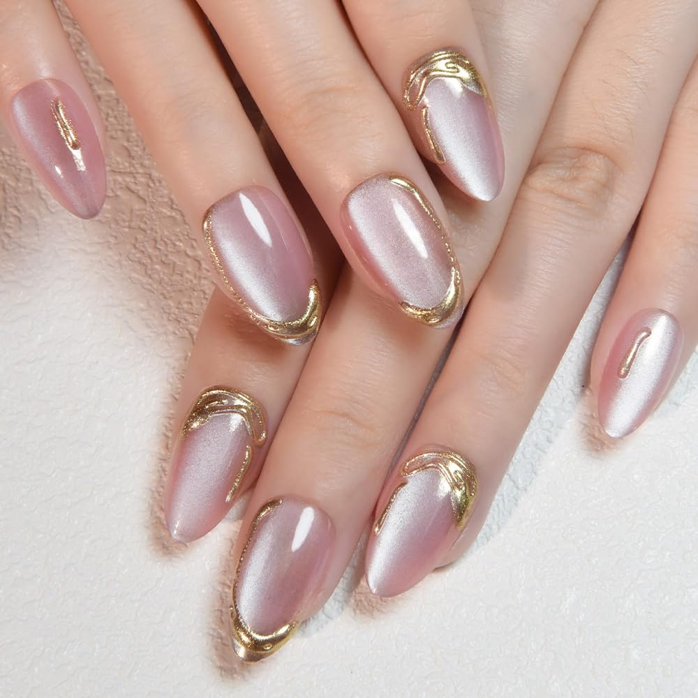 3D Gold Line French Tip Press-On Nails - Short Almond Glitter Light Nude | Handmade Acrylic Nails with 3D Pearl Designs