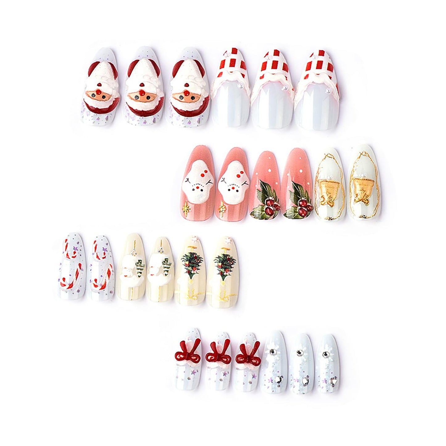 Christmas Press-On Nails - 24pcs Almond Medium Fake Nails with 3D Santa Claus & Snowman Designs | Holiday Nail Art Set