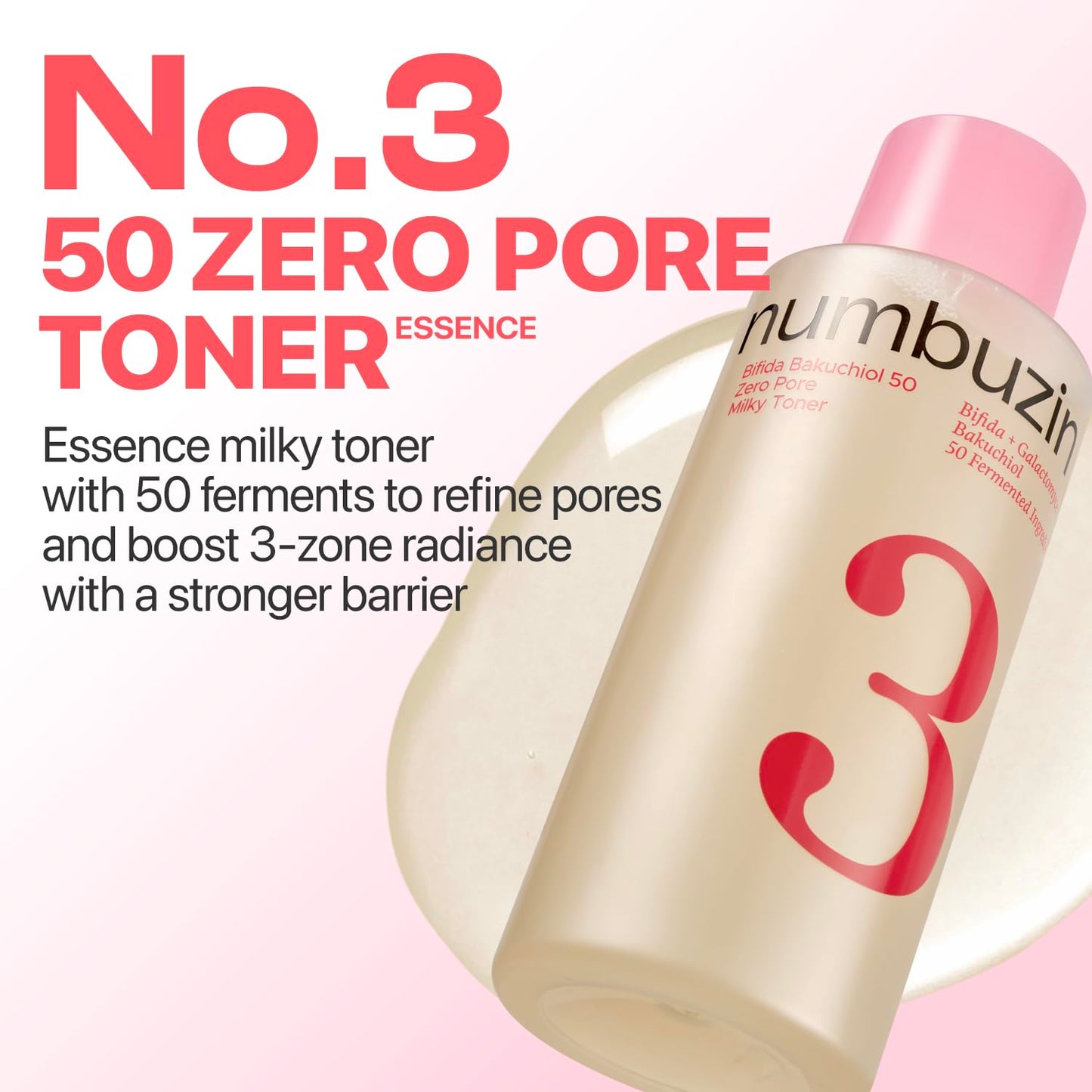 numbuzin No.3 Bifida Bakuchiol 50 Ferments Milky Toner – Hydrating Toner for Pores, Uneven Texture & Dark Spots, Barrier Boosting with Kojic Acid, for Sensitive Skin, 6.76 fl oz