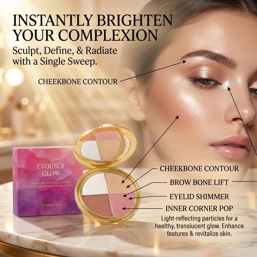 Eye & Cheek Palette - Eyeshadow and Highlighter Makeup, 4 in 1 Eyeshadow Palette, Multi Use Eye Shadow Blush Highlighter, Blendable Long Lasting Glow Powder, Natural Radiant Makeup Kit