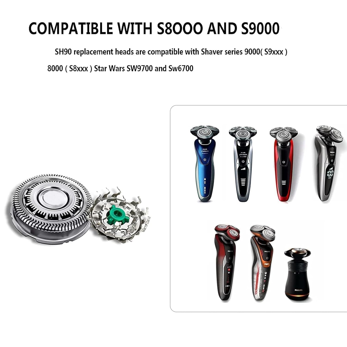 SH90 Replacement Rotary Heads for Philipss Norelcos Shavers Series 9000 Series 8000 New Version of Metal Wheel Buckle and Upgrade Double Layer Precision Blades