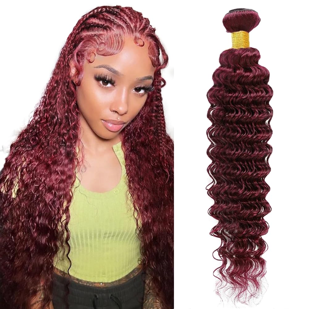 #99J Bundles Human Hair Deep Wave Bundles 16 Inch Burgundy Deep Wave Bundle Unprocessed Brazilian Virgin Weave Hair 1 Bundle 50 Gram Per Bundle