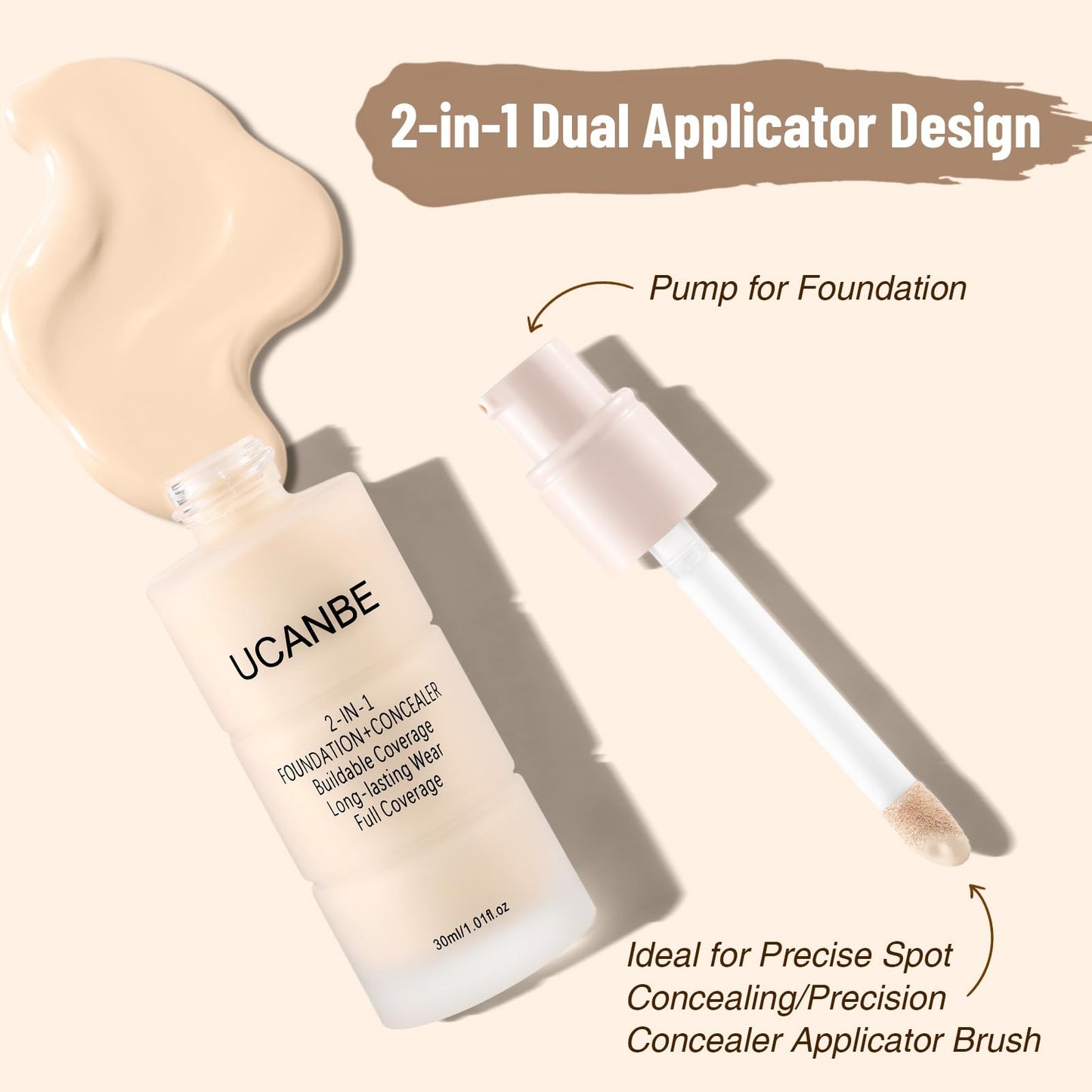 UCANBE 2-in-1 Liquid Foundation & Concealer, Full Coverage Foundation Makeup Set for Combination & Oily Skin, Hydrating Formula with Hyaluronic Acid, Vitamin C (02 Classic Ivory)