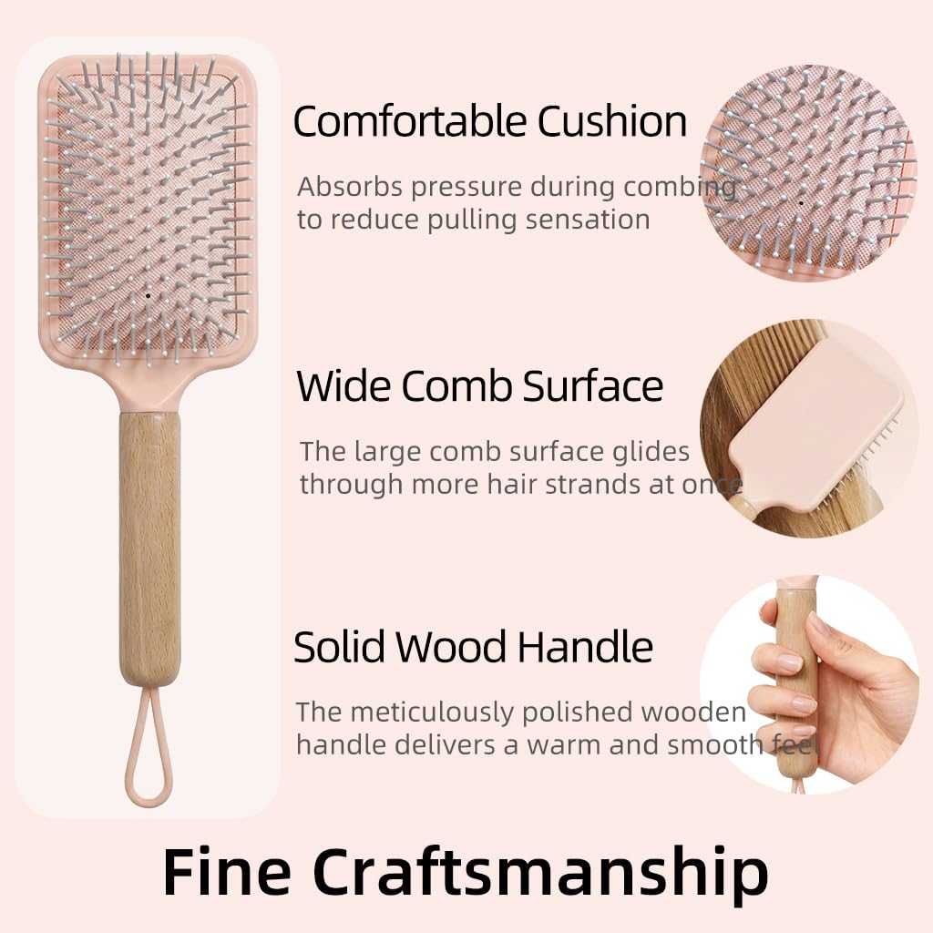 Detangling Hair Brush for Thick, Curly Hair - Solid Wood Handle & Cushion Base | Blue