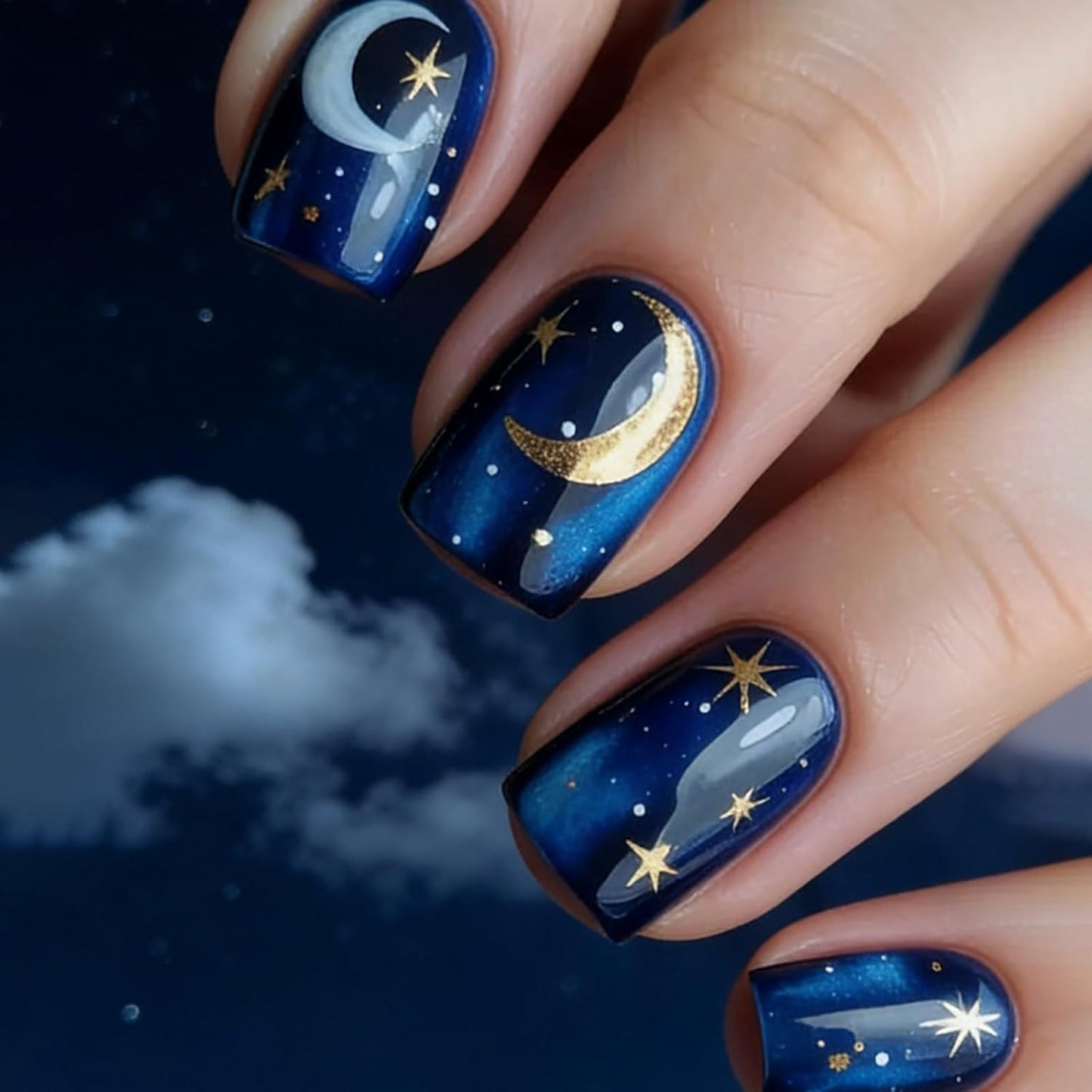 Almond Medium Press-On Nails - Blue Marble Full Cover with Gold Foil | 24 Pcs Glossy Artificial Nail Art for Women