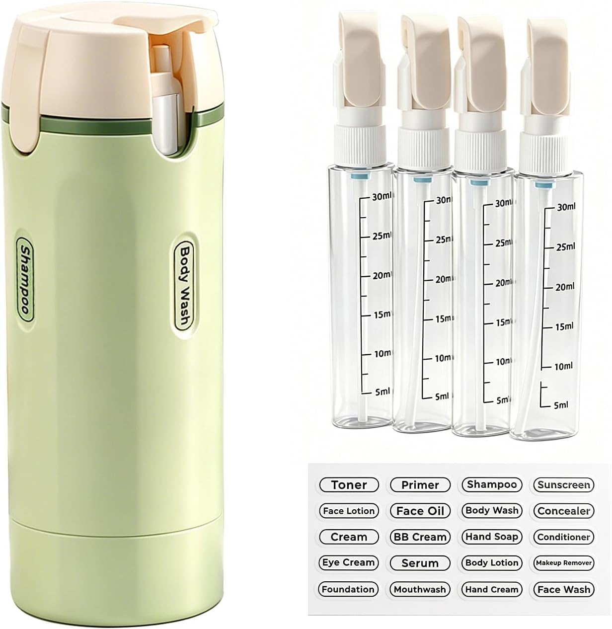 Travel Dispenser Bottle Set - 4-in-1 Leakproof Rotatable Pump for Toiletries | TSA Approved, 4x30ml (Green)