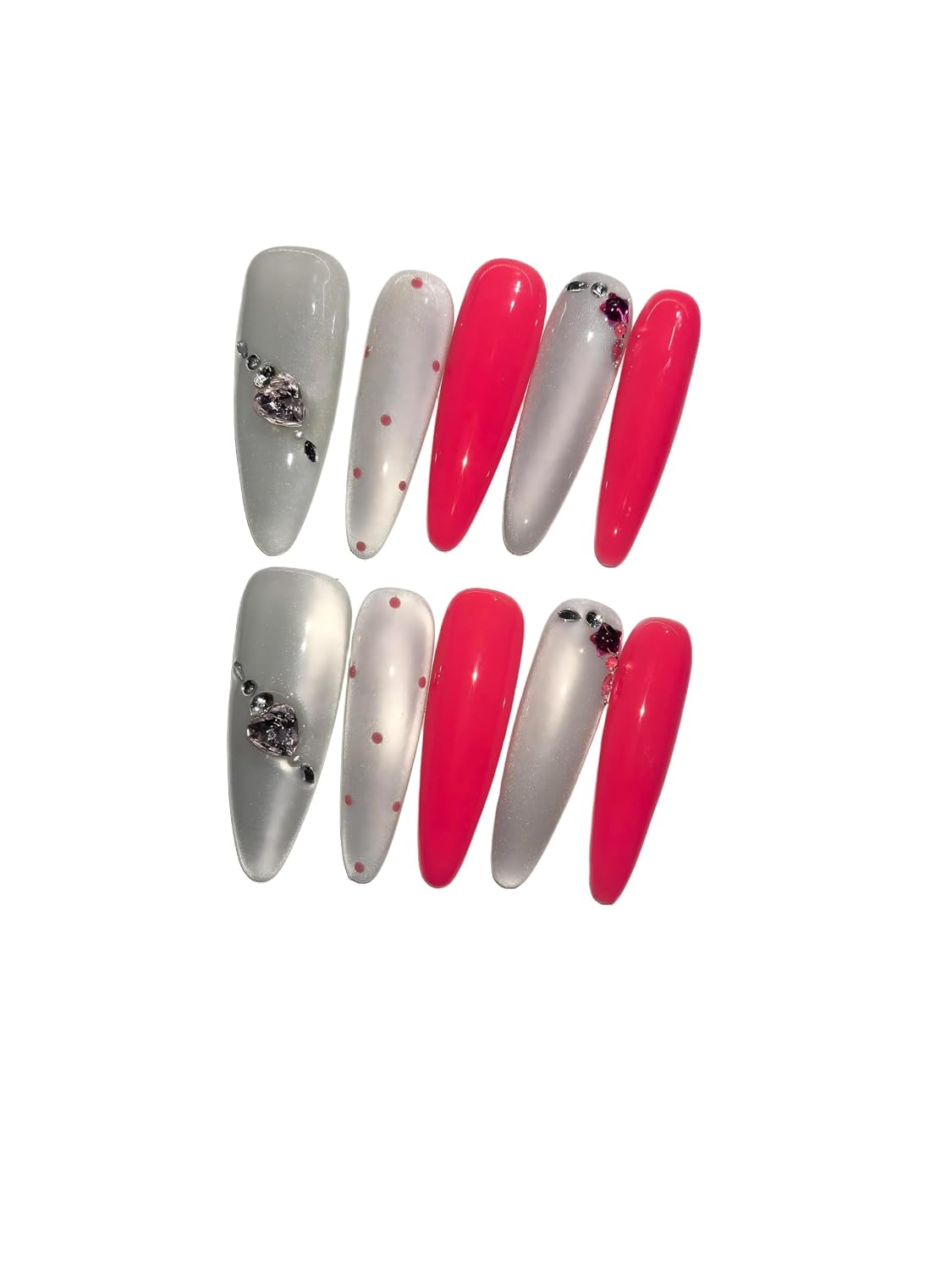 Glam Silver Coral Press On Nails - Heart Rhinestone Extra Long Stiletto Fake Nails | Reusable Manicure Set (L)