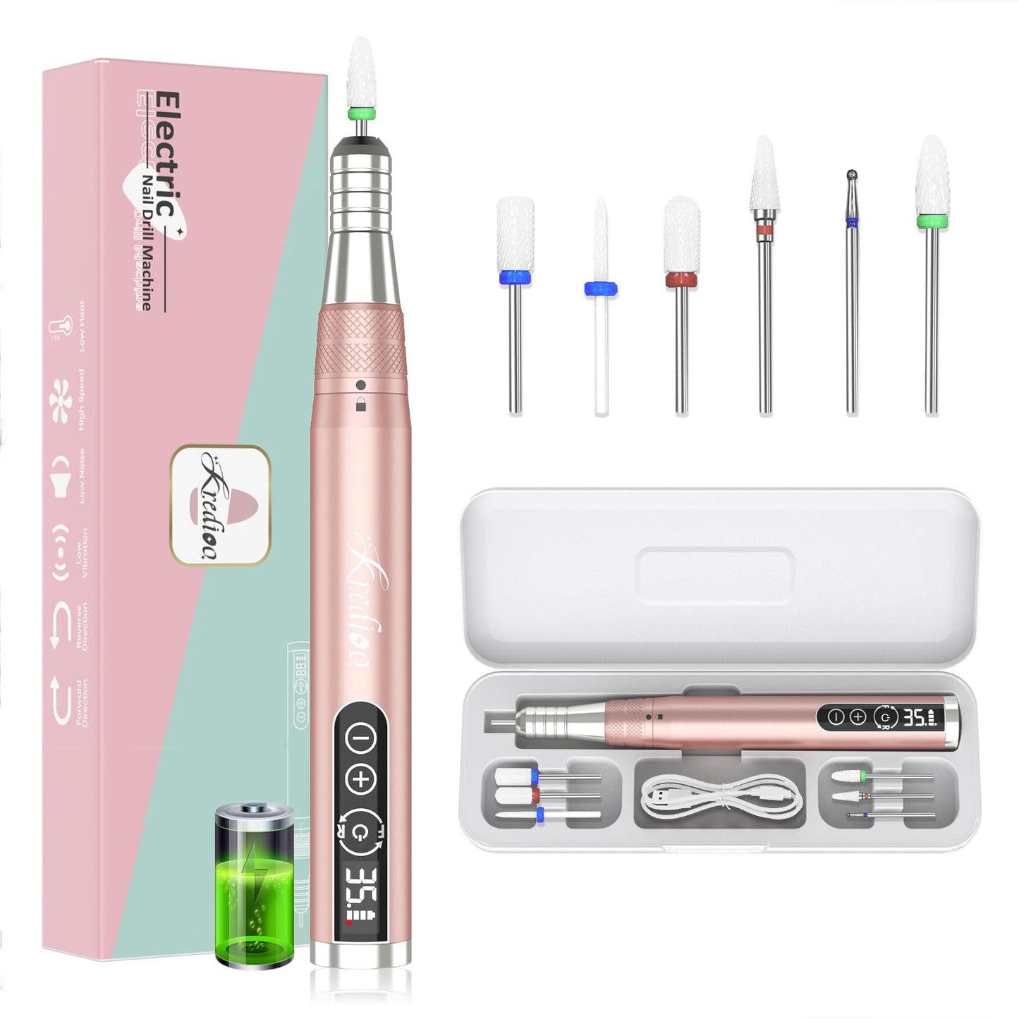 Kredioo Cordless Nail Drill 35000RPM Professional Electric File with Portable Travel Case for Home and Salon Nails Manicure Pedicure